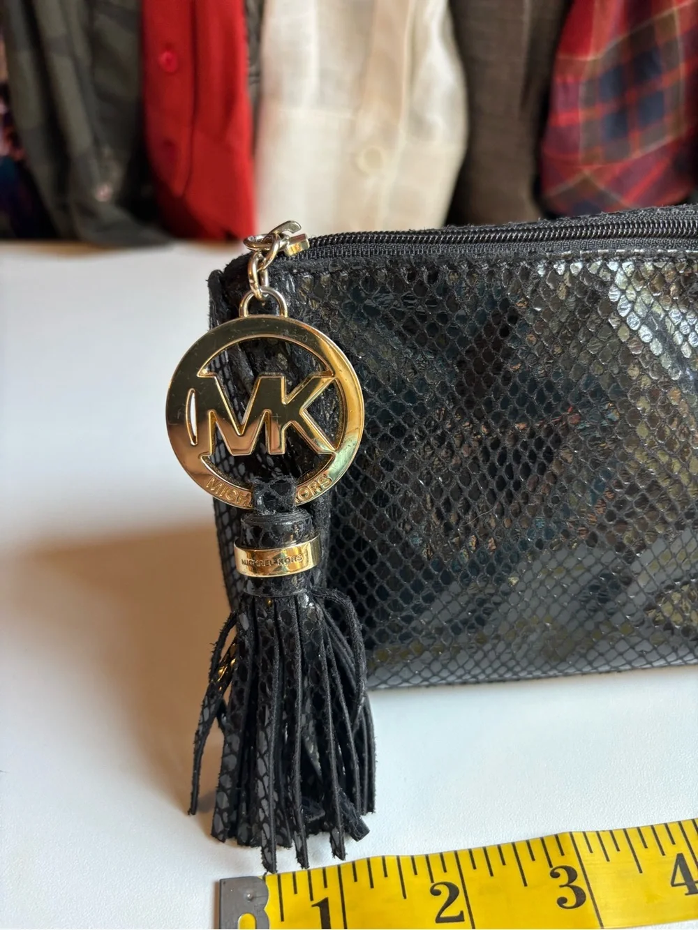 Michael Kors Black Snake-Embossed Tassel Zip Pouch